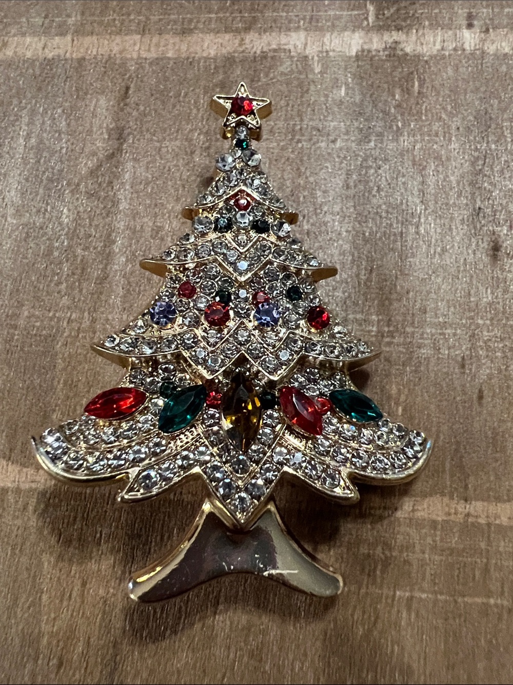 3/$18 Gold-Tone Crystal Christmas Tree Brooch with Red & Green Accents Lot 6051